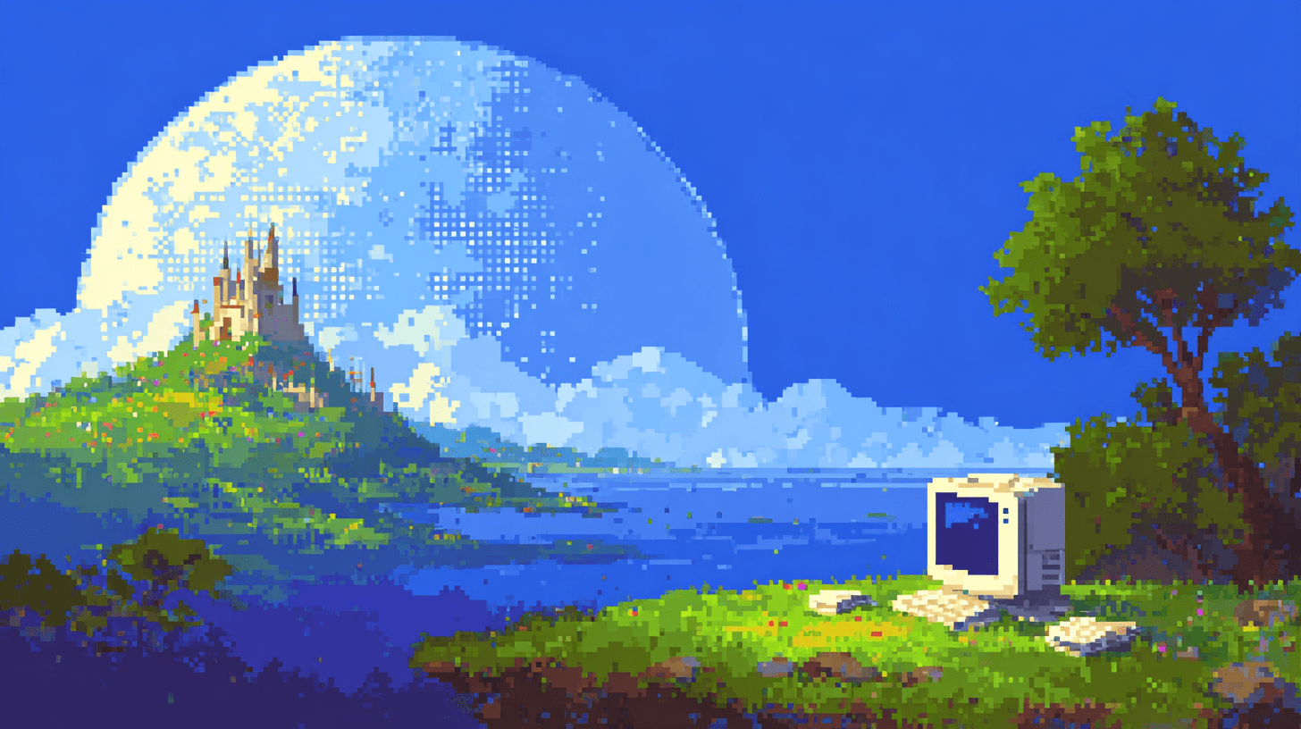 Paysage pixel art avec un ordinateur face à un monde numérique